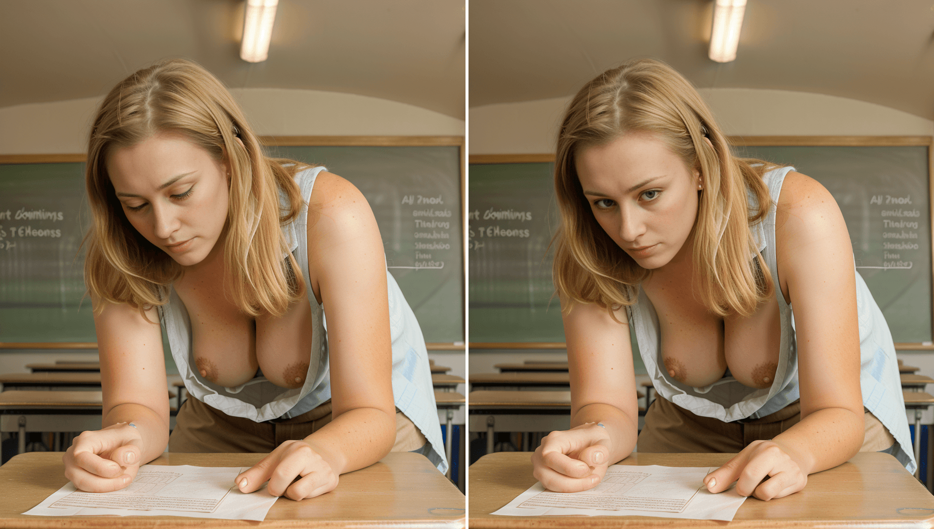 AI generated: Teacher looking down at paper, downblouse, large breasts, chalkboard