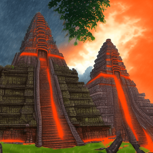AI generated: Maya temples in the rain forest planet. cloudy orange sky. electric sparks. 2 sexy bigtitted warrior...