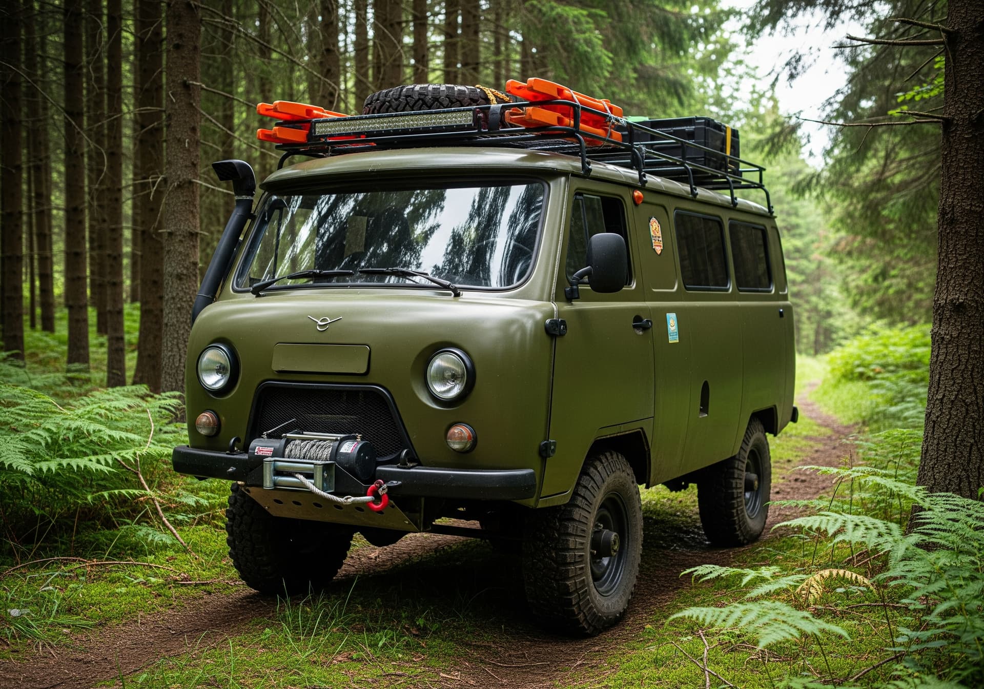 AI generated: A vintage, olive green, rugged off-road van, possibly a UAZ-452 'Bukhanka', with a heavy-duty roof r...
