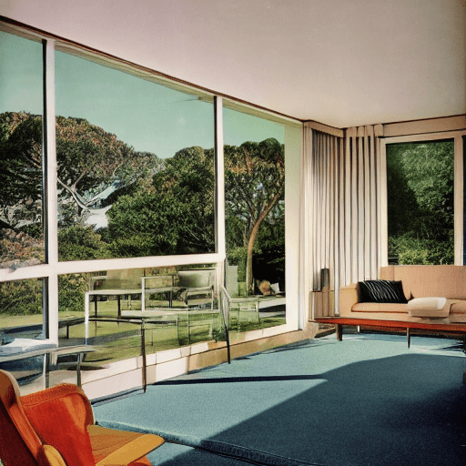 AI generated: Hyper realistic eye level exterior photo of a mid century modern style house overlooking the ocean, ...