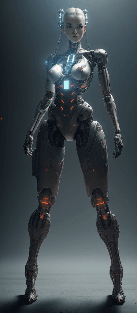 AI generated: full-body cybernetic uhd cyborg weaponized and ready to fire looking at me still in a full-body-pose...