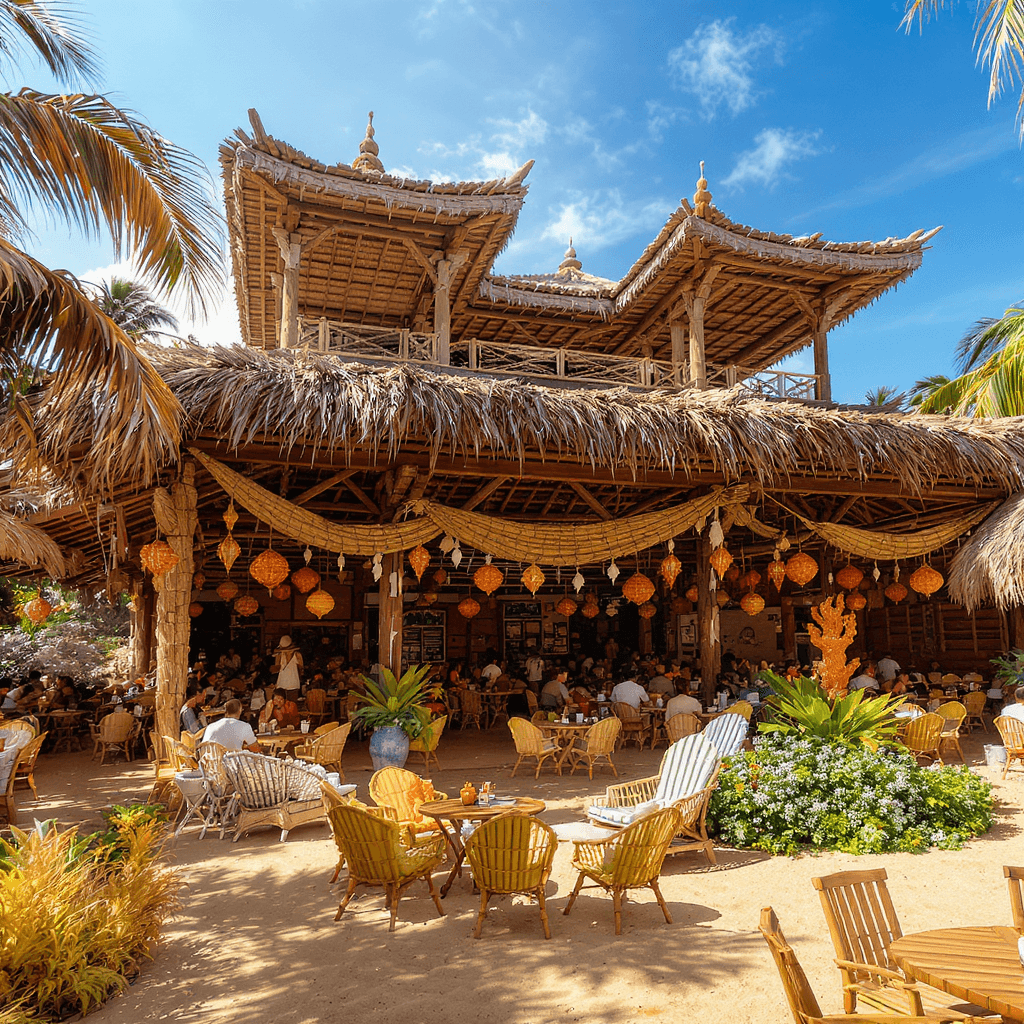 AI generated: Restaurante de comida de mar construido completamente en guadua, estilo tropical y rústico, ubicado ...