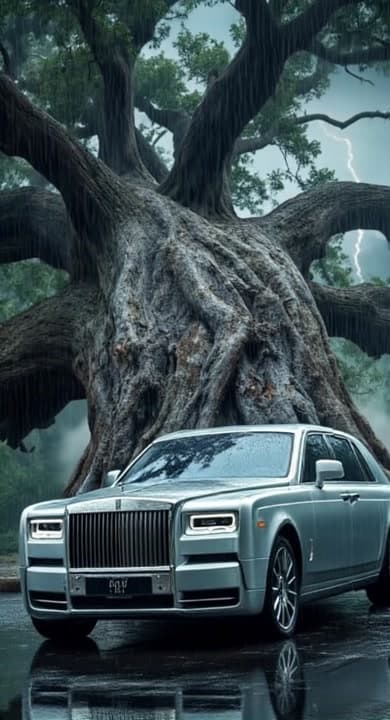 AI generated video: big tree is falling down quickly and car is still position