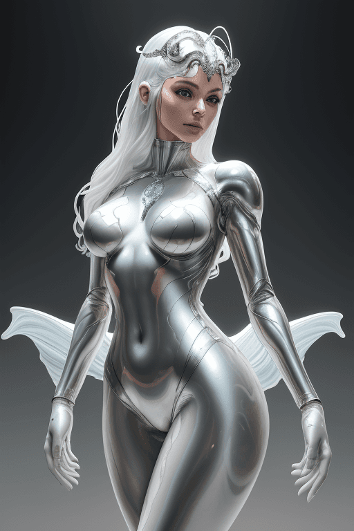 AI generated: a woman with a CHROME body and a SILVER headpiece on her head and a white mermaid bodysuit on her ch...