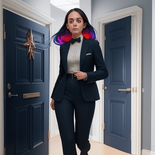 AI generated: [a young professional consulting girl, 28 years old, wearing a trouser suit and jacket, in front of ...