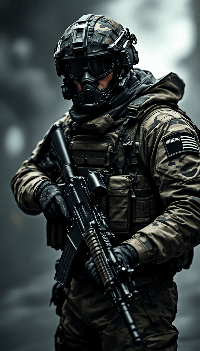 AI generated: /imagine prompt: A fierce, modern American soldier dressed in advanced military tactical gear, with ...