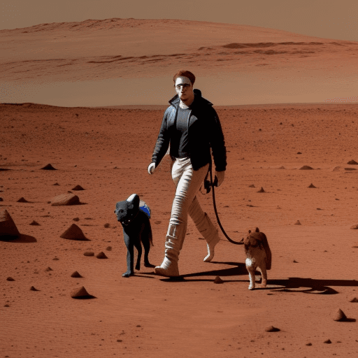 AI generated: Elon Musk walking on the mars with a barefoot with a dog 