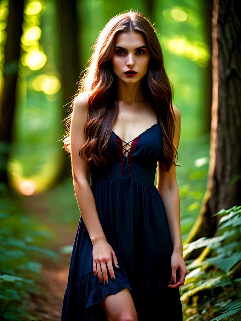 AI generated: An unsuspecting female vampire wandering in the woods, with long hair, sexy sundress outfit, dayligh...