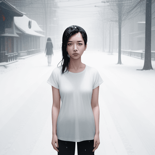 AI generated: Asian woman standing in the snow in a white t shirt, in the style of celebrity image mashups, xiaofe...