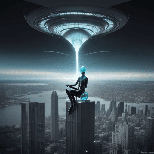AI generated: a alien sitting on top of building from another world look at city of that other world
