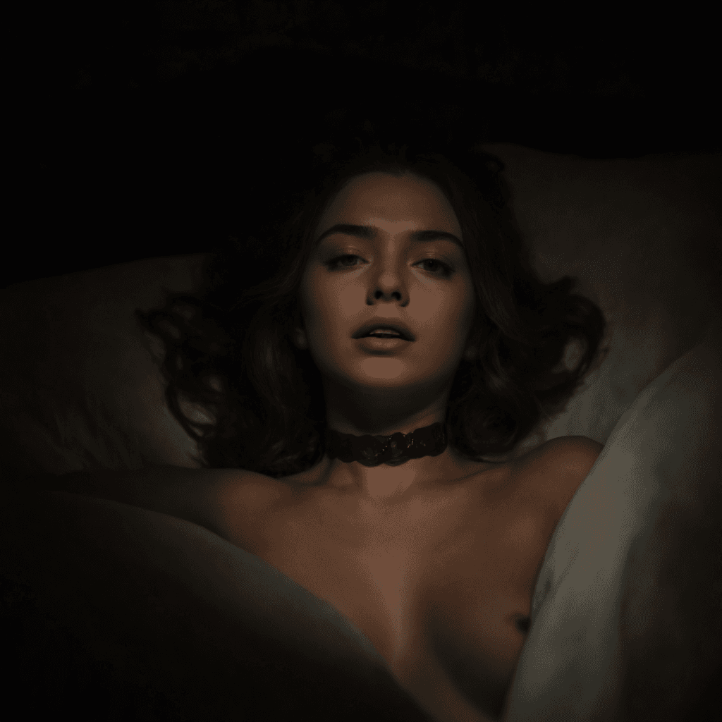 AI generated: (seductive:1.1) (24.3) year old (woman:1.1) wavy hair is totally (naked:1.1) in a completely (dark:1...