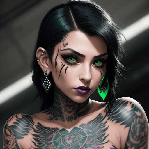 AI generated: photo, female, portrait, tattoos, green eyes, black hair, accessories, earrings, eye make up, medium...