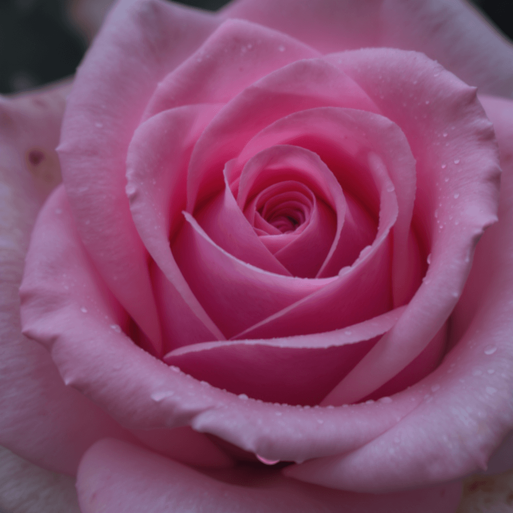 AI generated: Shot from above. A tight close up of a pink rose and its stigma. water droplets cascade down the sti...