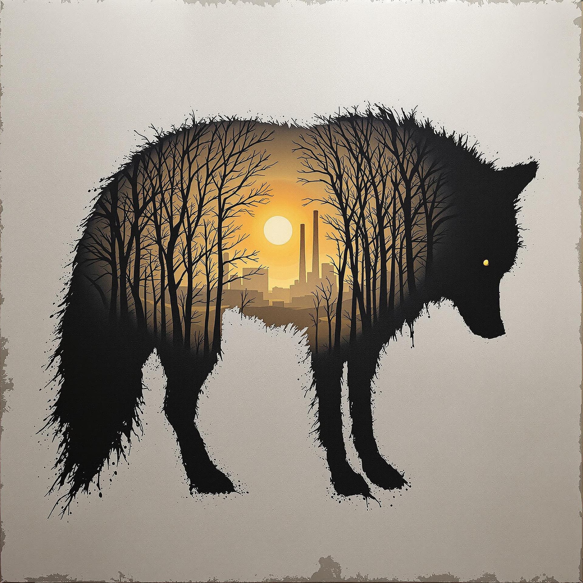 AI generated: oil painting, cardboard like silhouette of a sad wolf, head down, low tail, inside wolf silhouette, ...