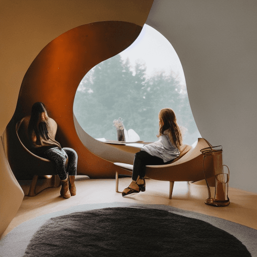 AI generated: 2girls in a cozy futuristic oval leather hideaway