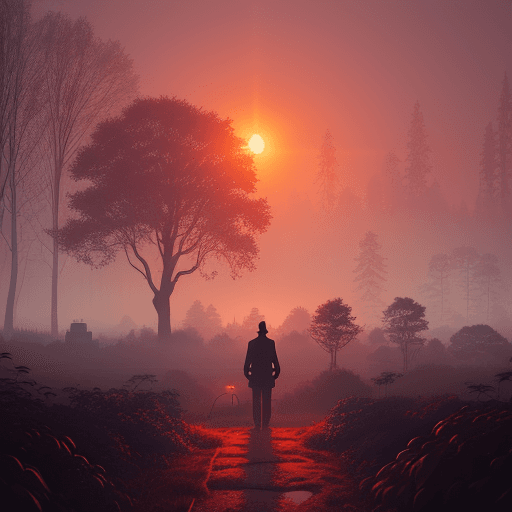 AI generated: Sunrise over a mystical garden by Simon Stålenhag, featuring a silhouetted figure walking in the mor...