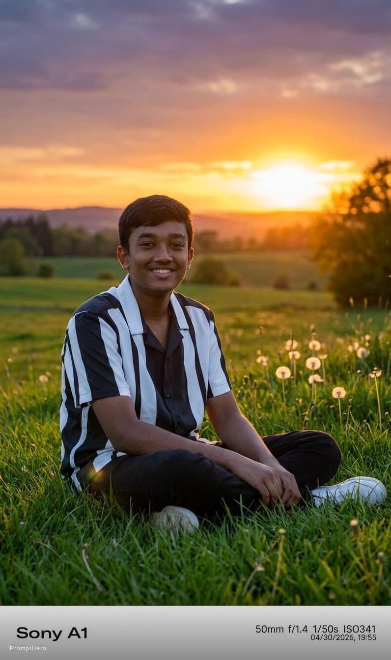 AI generated: A boy sitting on grass field on sunset