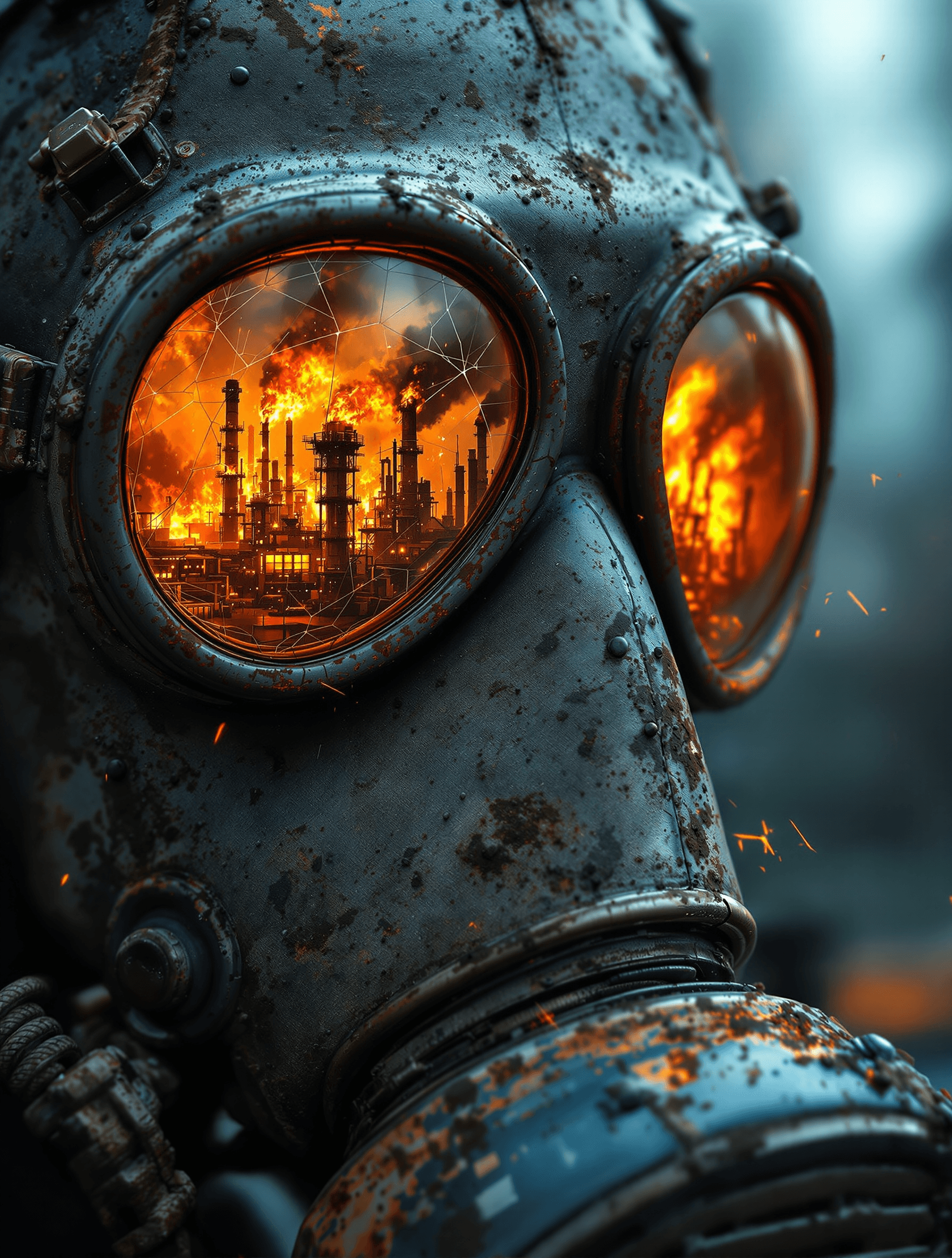 AI generated: An ultra-detailed, cinematic close-up portrait of a heavily corroded gas mask, capturing the gritty ...