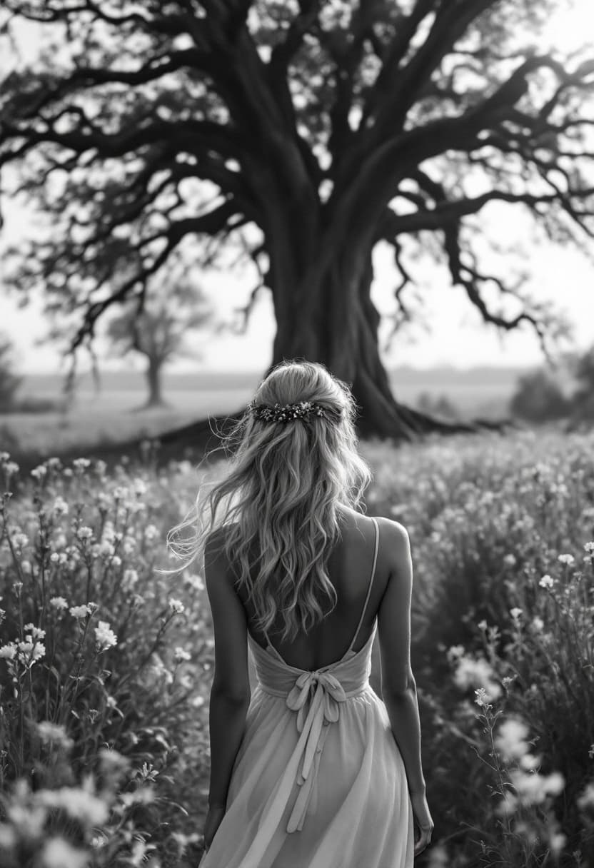 AI generated: black and white photography, fashion editorial, a back view of blondhaired beautiful woman in magic ...
