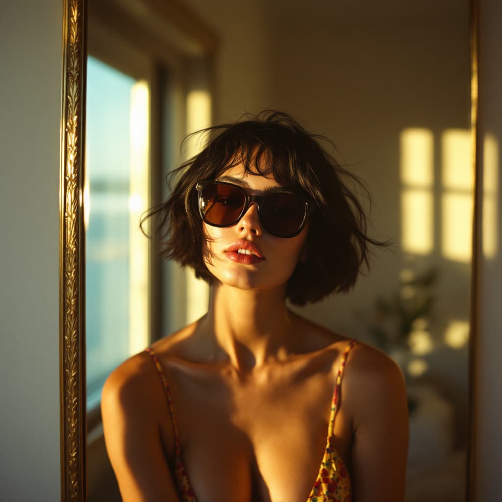 AI generated: hyper-realistic photo, handsome woman in beachwear, sun glasses, photo on iphone 14 in mirror, short...