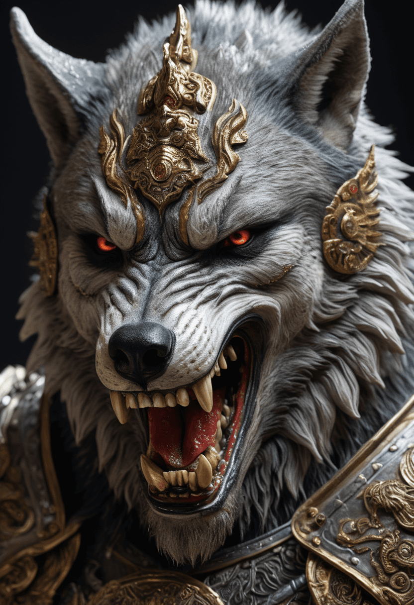 AI generated: make a wolf , with Chinese warrior arrmor on ,with drool coming out of his mouth, close up of head, ...