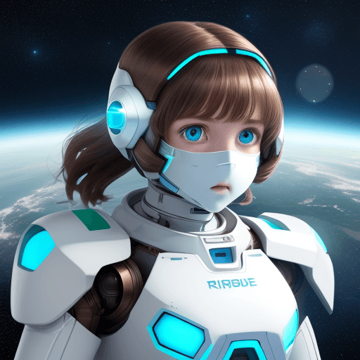 AI generated: Girl in white armor, brown hair, green eyes, floating in space. Small white robot with blue light an...