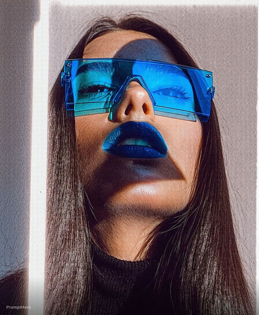 AI generated: Fashion shoot, Jacquemus and Moncler collaboration: dark blue translucent futuristic sunglasses, hyp...