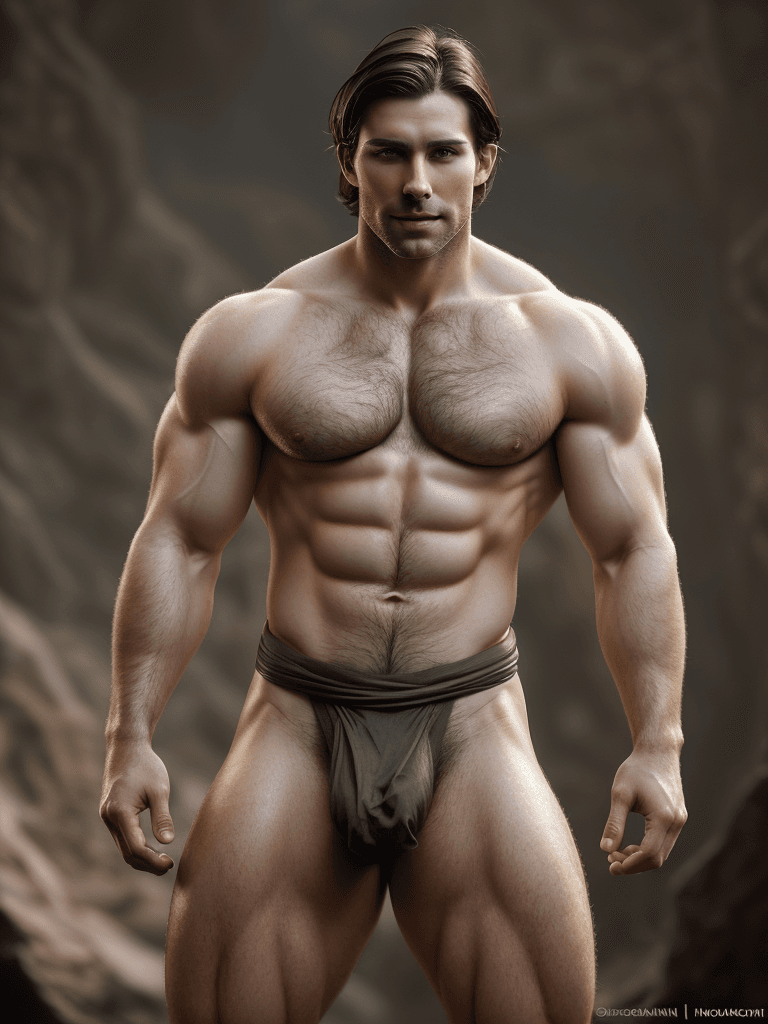 AI generated: , caucasian complexion, big muscles and big thighs, dark-brown hair, in his thirties, He wears a tin...