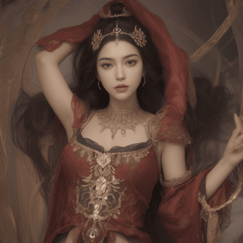 AI generated: a woman in a stunning red and gold costume, posing confidently with her arms raised. Her long black ...