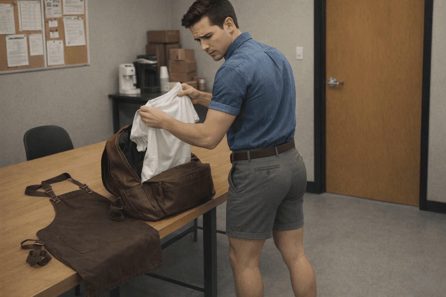 AI generated: The model is at a employees coffee shop back room. There is a table in the room. There is a brown le...