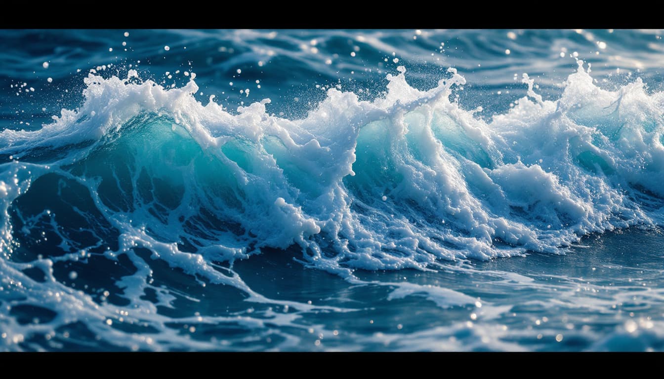 AI generated: sea scape and giant ocean waves with sea foam, waves are forming ,multiple tea roses shaped bouquets...