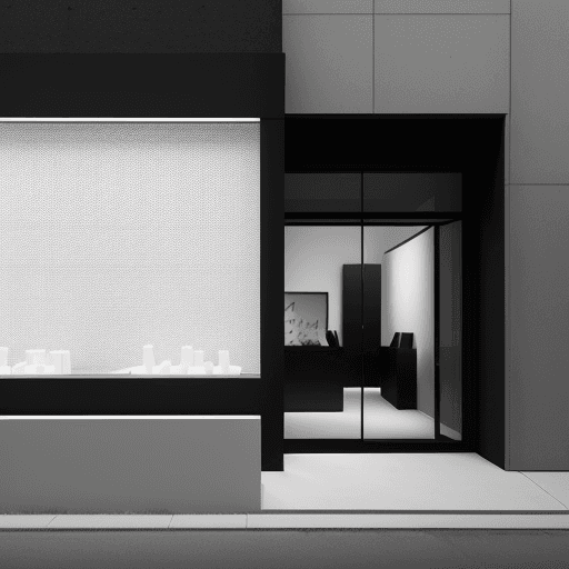 AI generated: minimalist store exterior, at dusk, the architecture should feature clean lines with a sophisticated...
