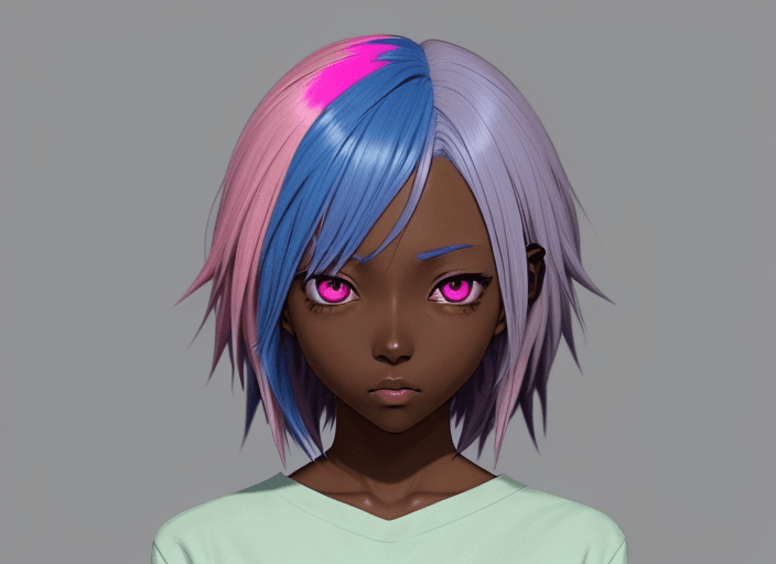 AI generated: Anime, no appearance of hands, dark skin tone, pink eyes, blue hair, unfinished