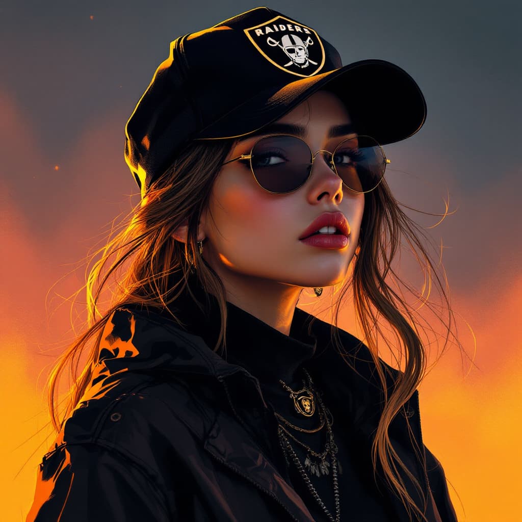 AI generated: a stunning girl wearing black caps and sunglasses, logo Raiders, in the style of otherworldly illust...
