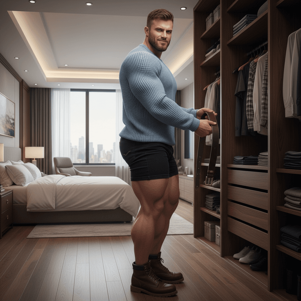 AI generated:  At a large bedroom. The model is a bodybuilder, he has muscular shoulders, and huge muscular legs. ...