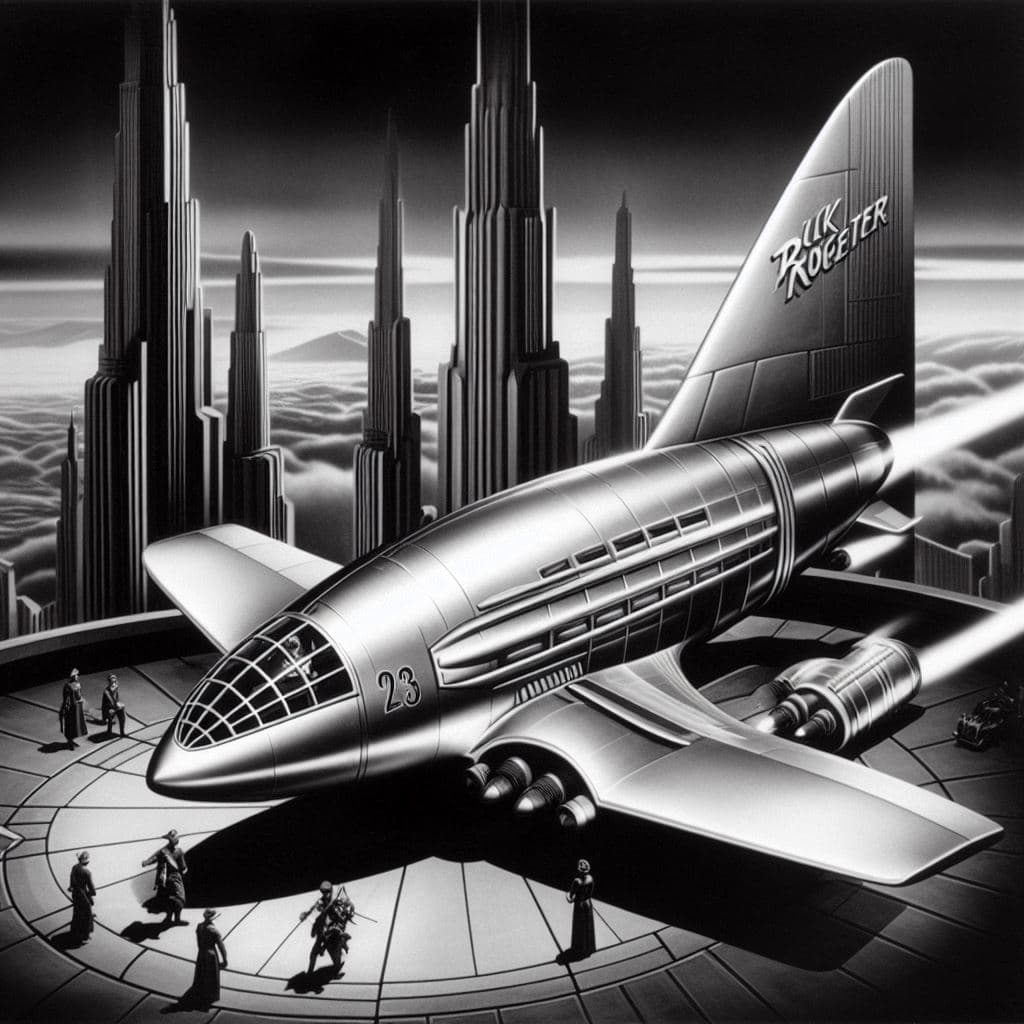 AI generated: Buck Rogers in the 23rd Century, Dieselpunk Rocket ship, Style of Streamline Moderne, 1930s b/w movi...