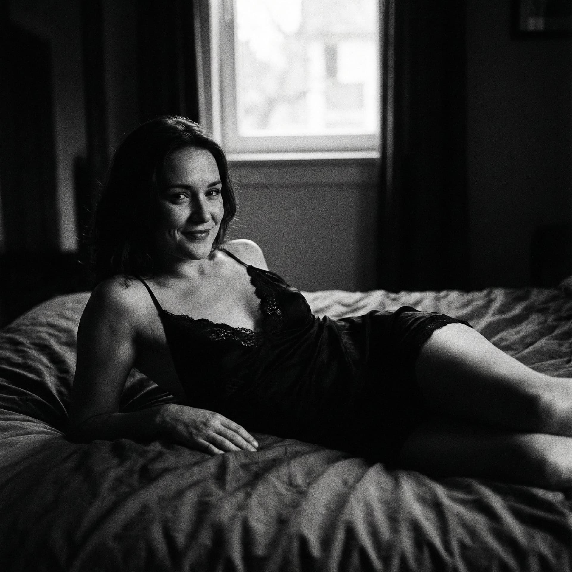 AI generated: Whole body photo of a gorgeous lady wearing skimpy nighties on the bed, seductive smile, daytime, de...