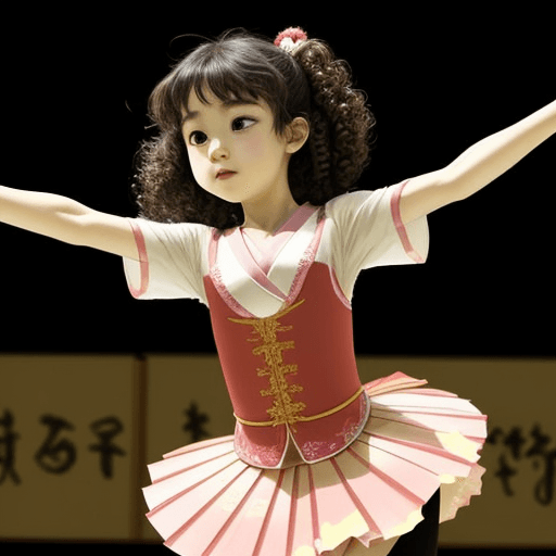 AI generated: 10-year-old Japanese ballerina with brown curly hair performing in front of a large audience, manga-...
