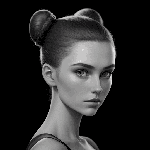 AI generated: a portrait of beautiful model with bun, head shot looking side ways  & black background.  in the sty...