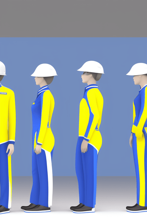 AI generated: gas station staff uniforms, Clothing design, blue and white yellow technology work clothes, futurist...