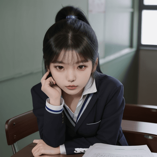 AI generated: A full-body view of a South Korean woman in her twenties, sitting on a desk in a downward-looking po...