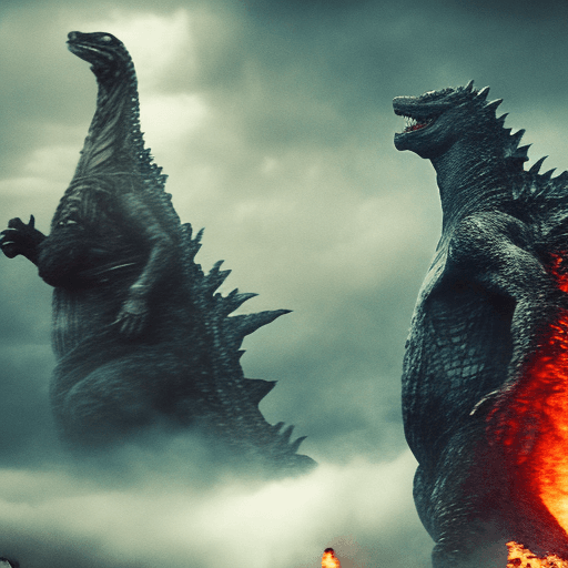 AI generated: godzilla from the pilucula king of the monsters, in a destroyed city, post apocalyptic atmosphere