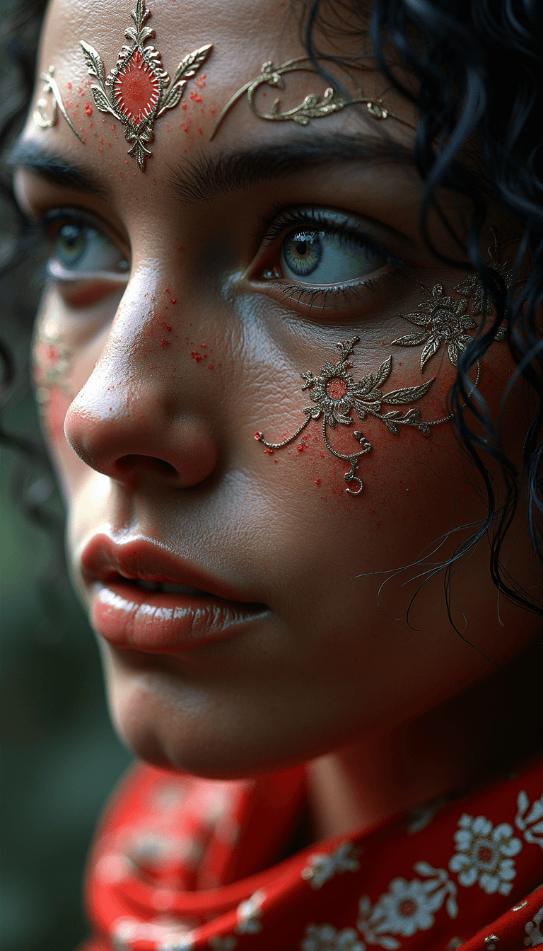 AI generated: Close-up of a woman with deep blue eyes, intricate golden facial embellishments in floral patterns a...