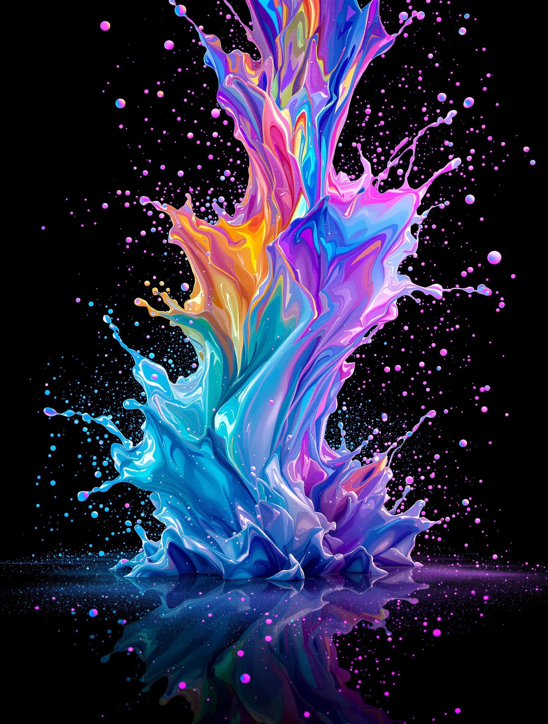 AI generated: glowing holographic milky drip, fluid splashes, with powder, black background, hq abstract backgroun...