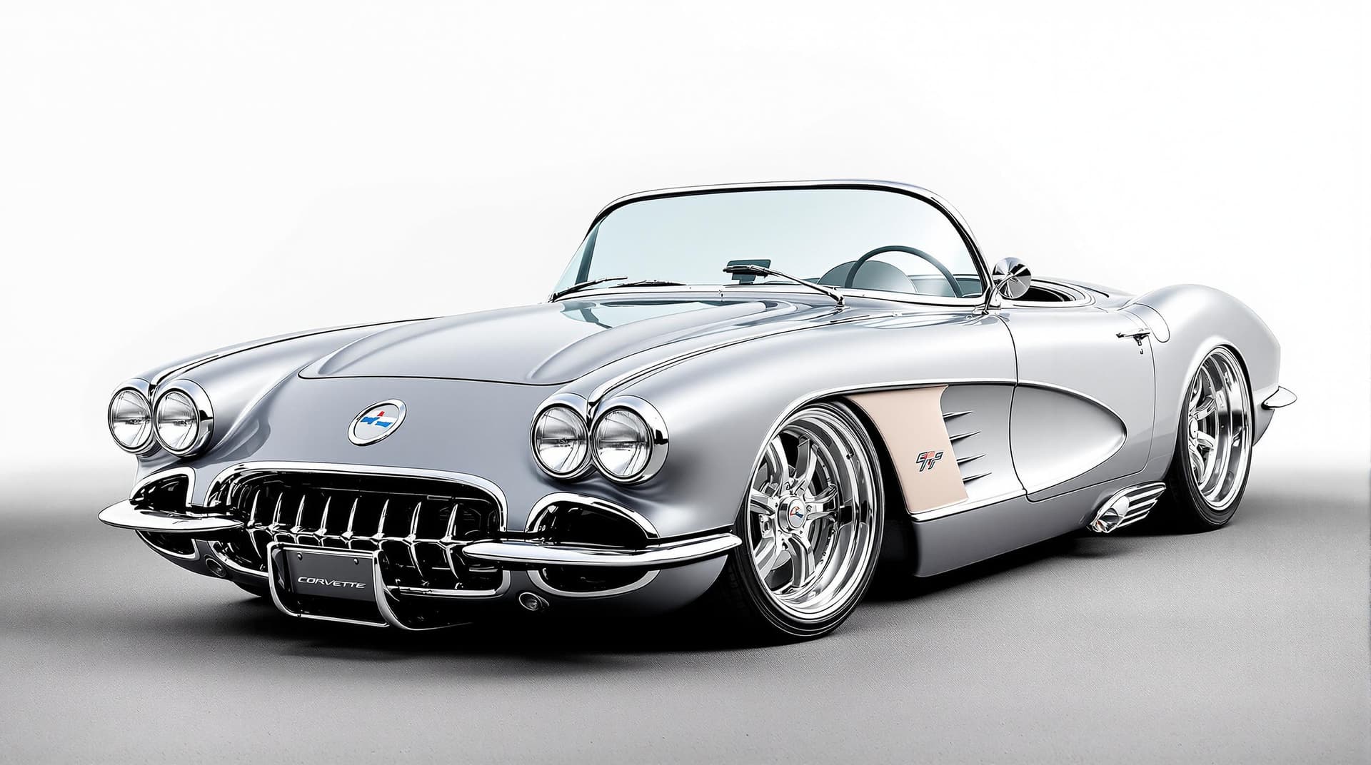 AI generated: Hyper realistic 1959 chevy corvette convertible, front side top view, gray color, restomod with 20" ...