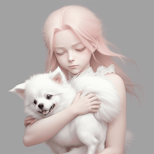AI generated: a girl, with pink hair, holds her of a white Pomerania dog in her arms, in the style of rough-edged ...