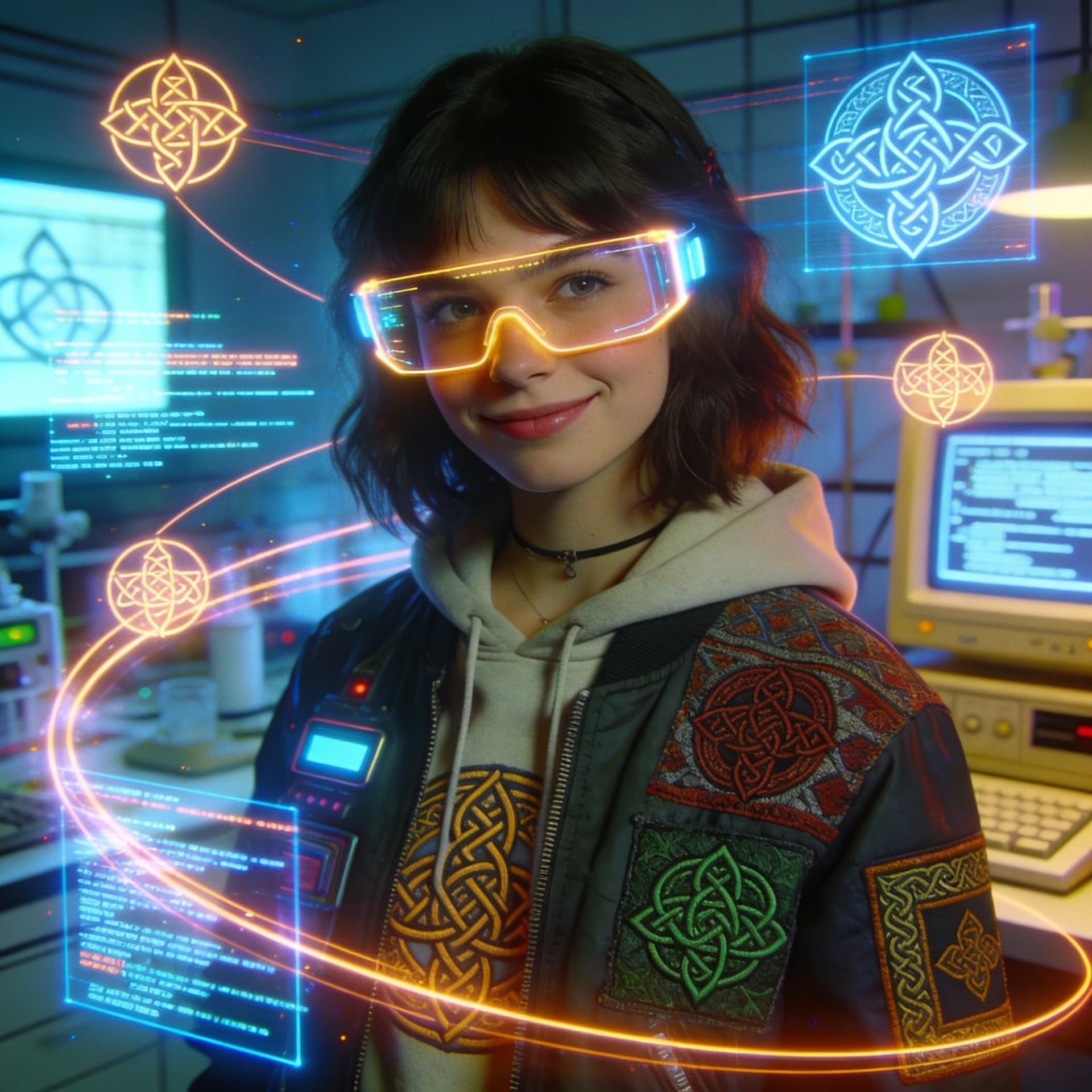 AI generated: 1980s movie style young woman Riley, tech genius, hacker aesthetic, augmented reality glasses, holog...