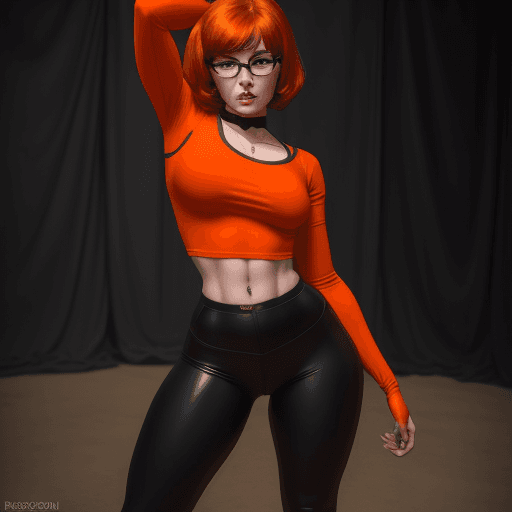 AI generated: velma from scooby-doo, beautiful charismatic girl, showing piercing, athletic body, a woman an orang...