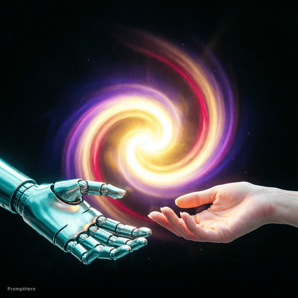 AI generated: 2 Hands. Hand 1: Robot hand, colour turquois metal, relaxed open palm downward. Hand 2: Human, femal...