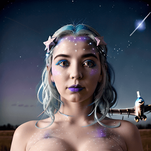 AI generated:  dreamy portrait of a ohwx woman with blue hair adorned with stars and the night sky. Clouds and sta...